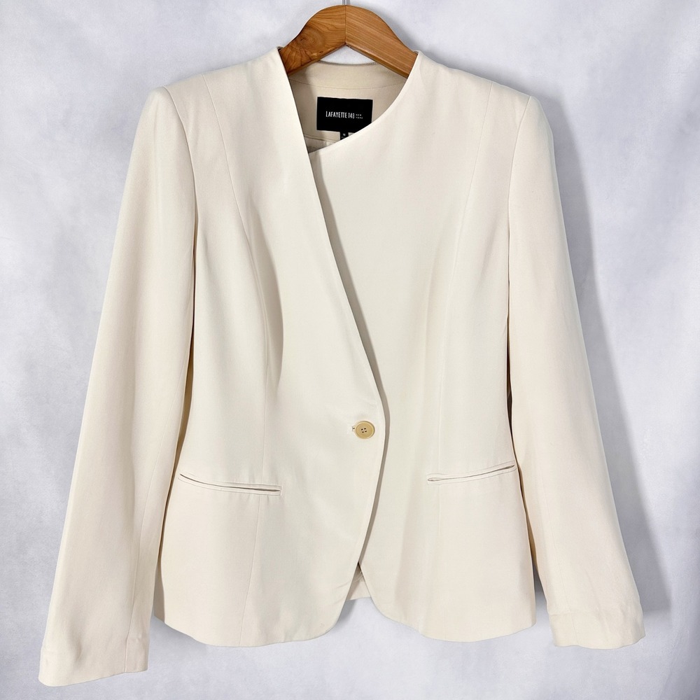 Lafayette 148 100% Silk Asymetric Cream Collarless Jacket Blazer Women's Size 16